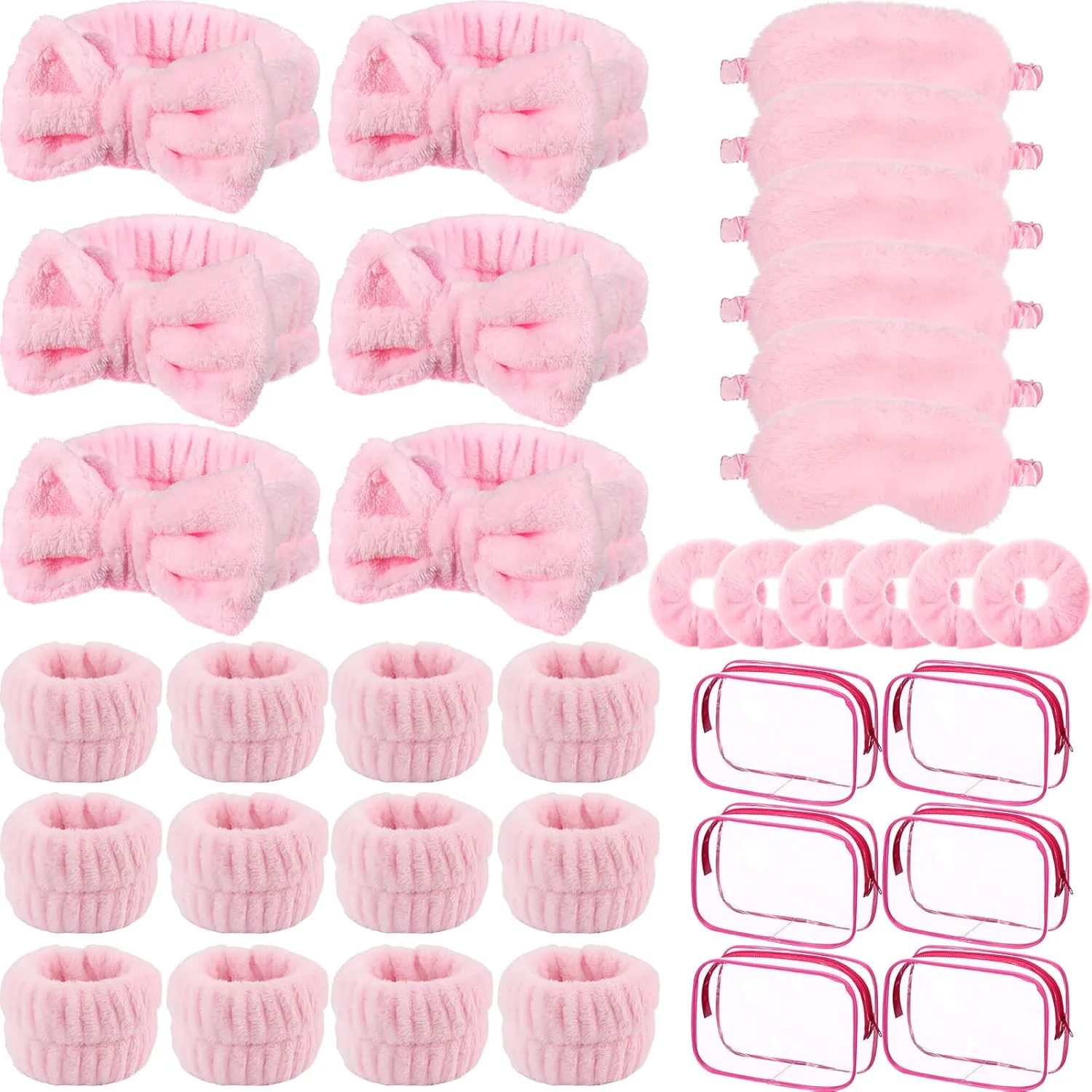 Hoteam 30 Pieces Sleepover Party Supplies 6 Pink Spa Headband 6 Pink Plush Sleep Eye Mask 6 Velvet Scrunchies 6 Wristband 6 Clear Cosmetic Bags for Slumber Spa Party Favor Gift Skincare Makeup