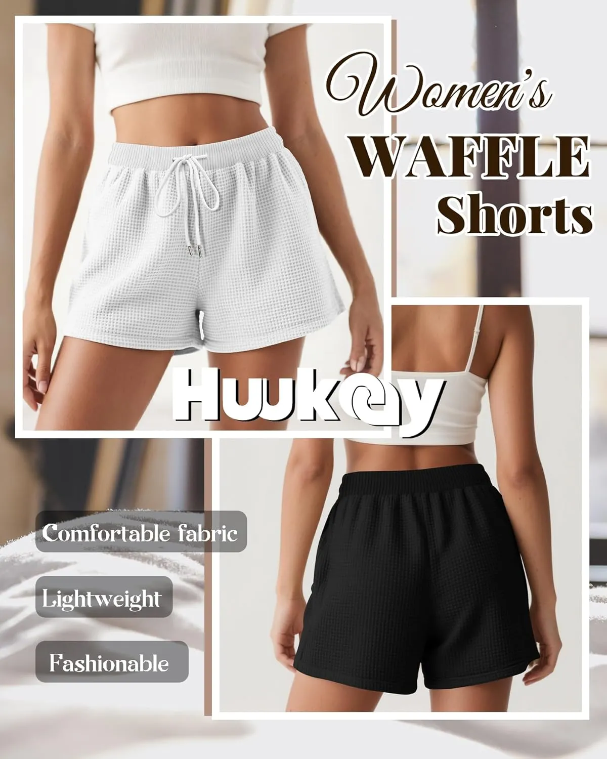 Huukeay 3 Pack Women's Waffle Knit Shorts Drawstring Casual Lounge Pajama Bottoms Comfy Summer Shorts with Pockets