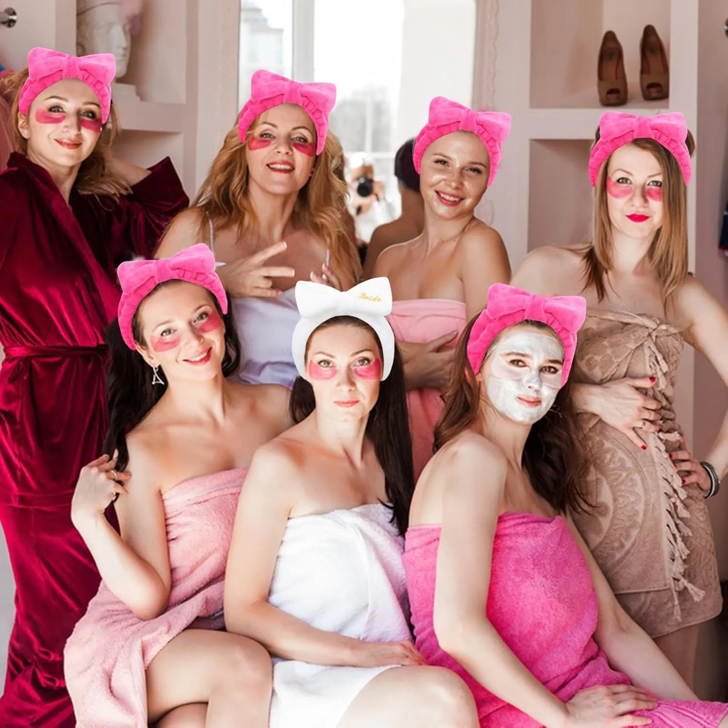 Jaciya Bachelorette Party Favors Spa Makeup Headband 8 Packs Bride Bridesmaid Headband Bridal Shower Gifts Wedding Hair Accessories(White,Hot Pink)