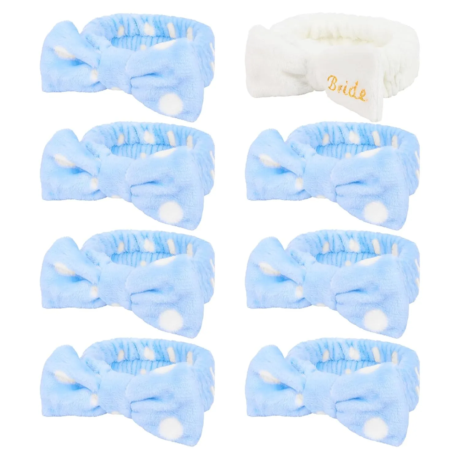 Jaciya Spa Makeup Headband for Washing Face White Bride Headband Blue Polka Dot Bridesmaid Headbands 8 Packs Bachelorette Party Favors Bridal Shower Gifts Wedding Hair Accessories