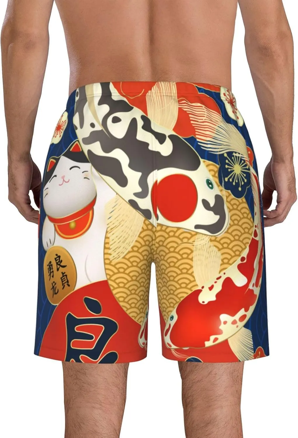 Japanese Carps Lucky Cat Men's Beach Shorts Quick Dry Swim Trunks Board Shorts