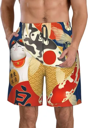 Japanese Carps Lucky Cat Men's Beach Shorts Quick Dry Swim Trunks Board Shorts