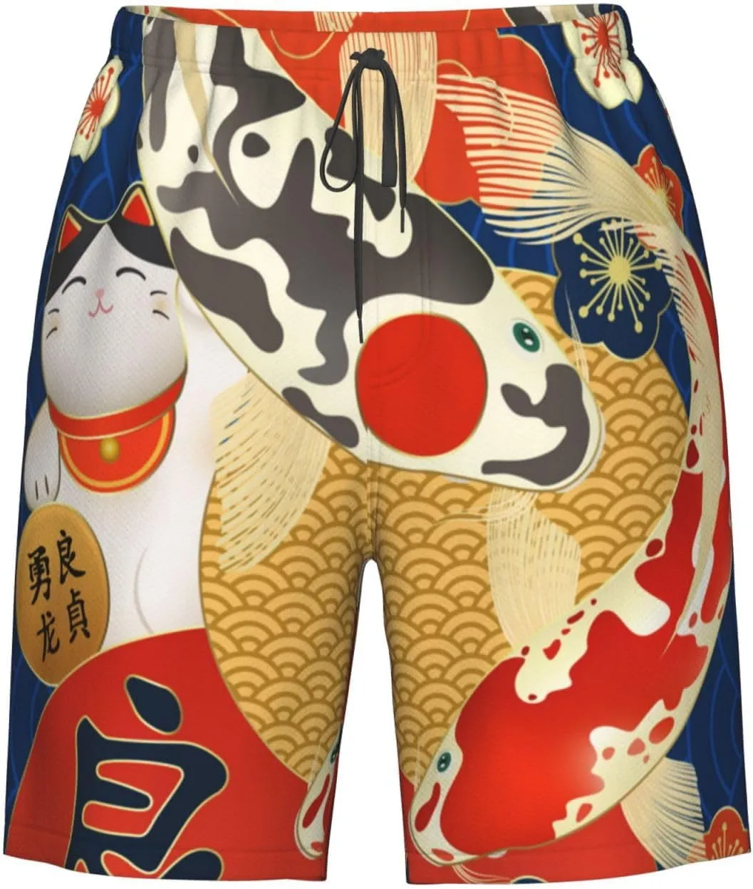 Japanese Carps Lucky Cat Men's Beach Shorts Quick Dry Swim Trunks Board Shorts