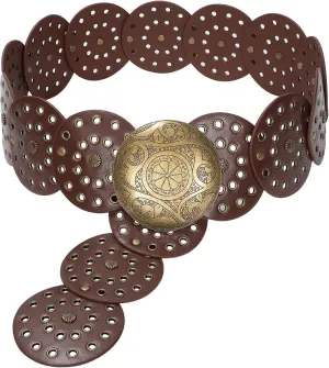 JASGOOD Western Belts for Women Wide Hollow Disc Leather Belt Cowgirl Waist Belt for Jeans Dresses with Metal Buckle
