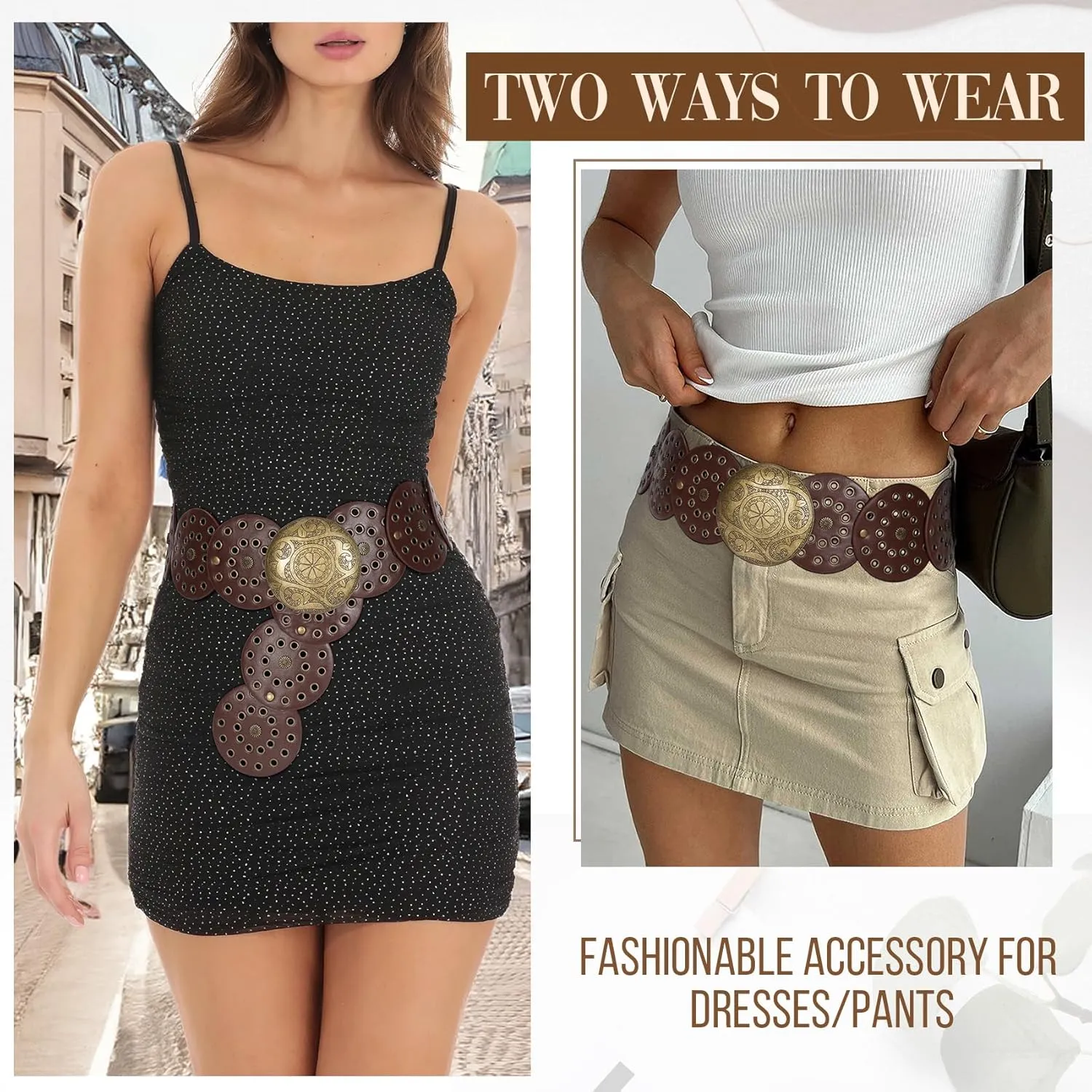 JASGOOD Western Belts for Women Wide Hollow Disc Leather Belt Cowgirl Waist Belt for Jeans Dresses with Metal Buckle