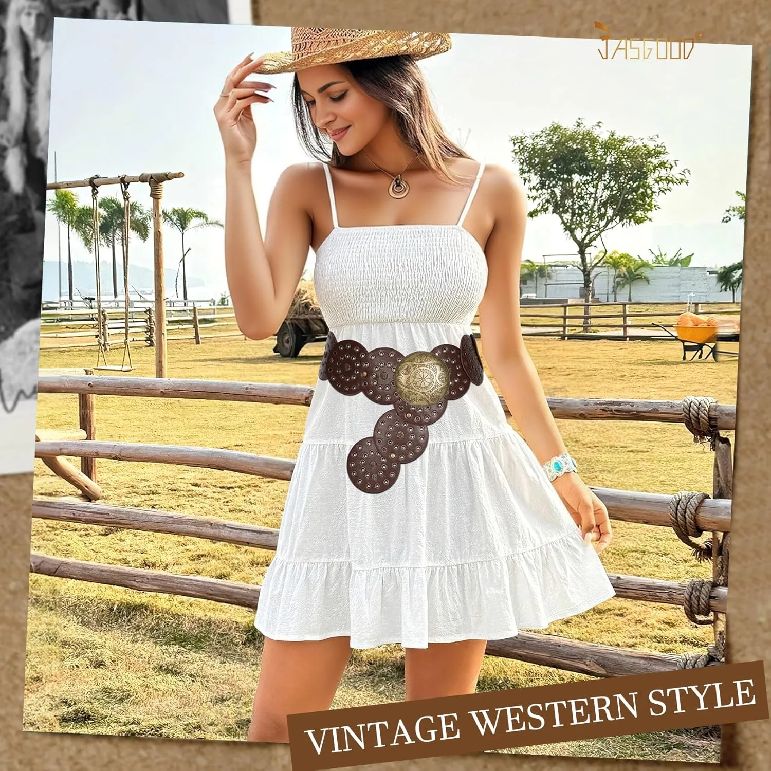 JASGOOD Western Belts for Women Wide Hollow Disc Leather Belt Cowgirl Waist Belt for Jeans Dresses with Metal Buckle