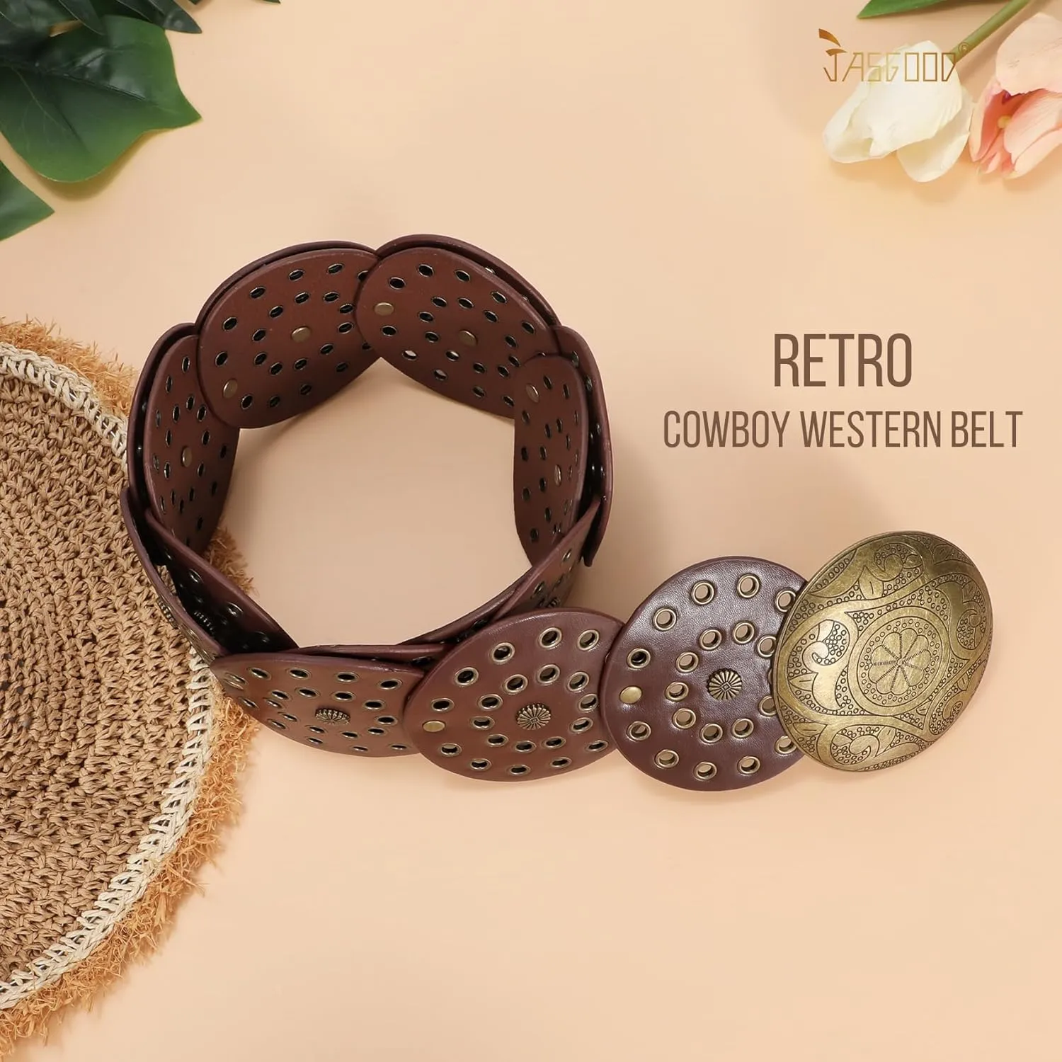 JASGOOD Western Belts for Women Wide Hollow Disc Leather Belt Cowgirl Waist Belt for Jeans Dresses with Metal Buckle