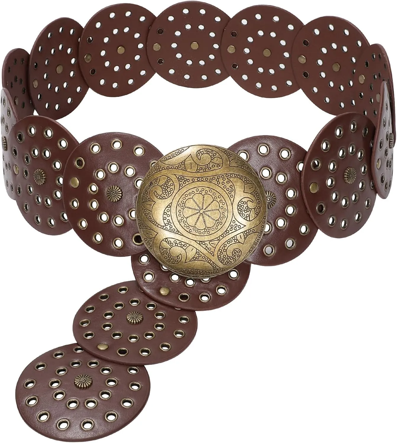 JASGOOD Western Belts for Women Wide Hollow Disc Leather Belt Cowgirl Waist Belt for Jeans Dresses with Metal Buckle