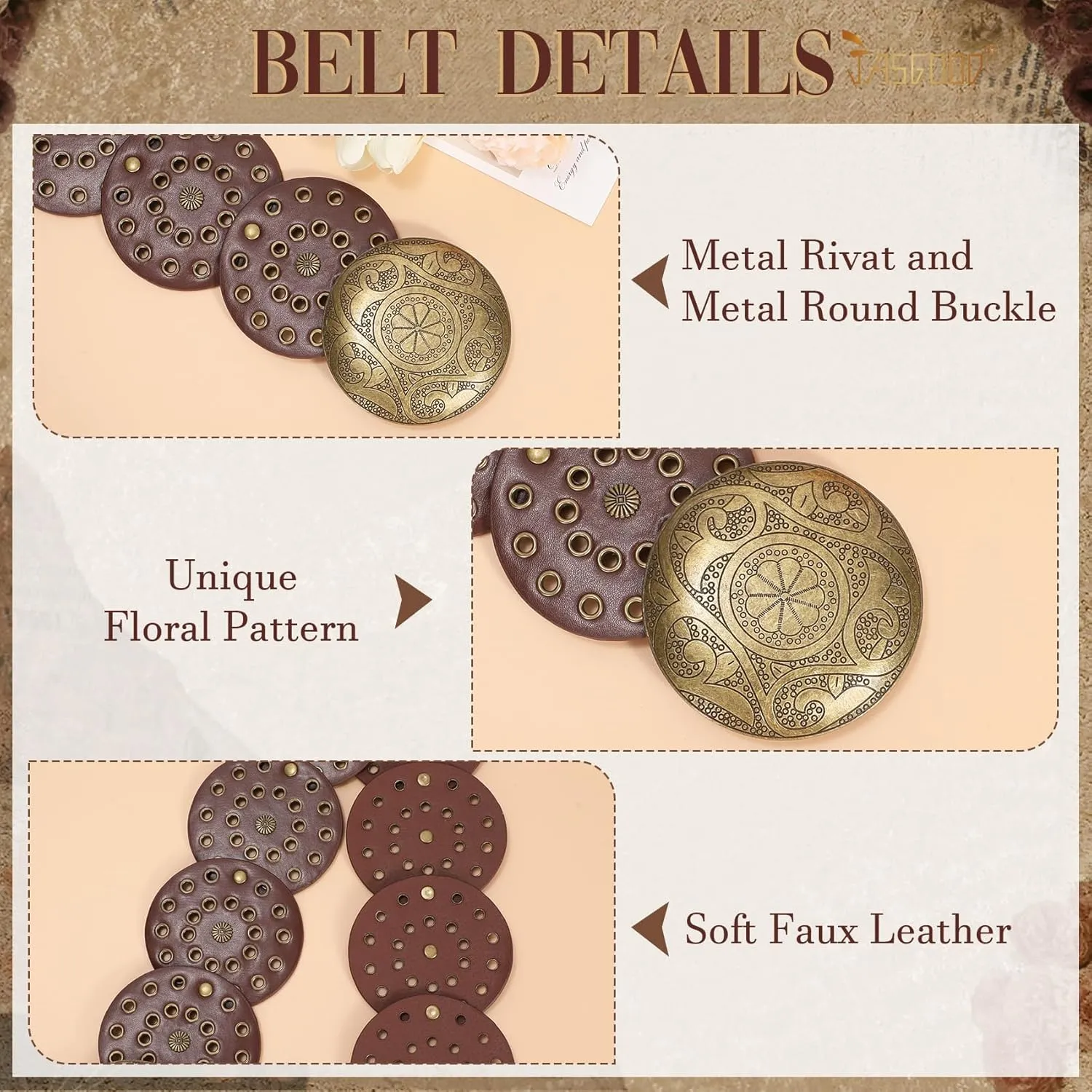 JASGOOD Western Belts for Women Wide Hollow Disc Leather Belt Cowgirl Waist Belt for Jeans Dresses with Metal Buckle