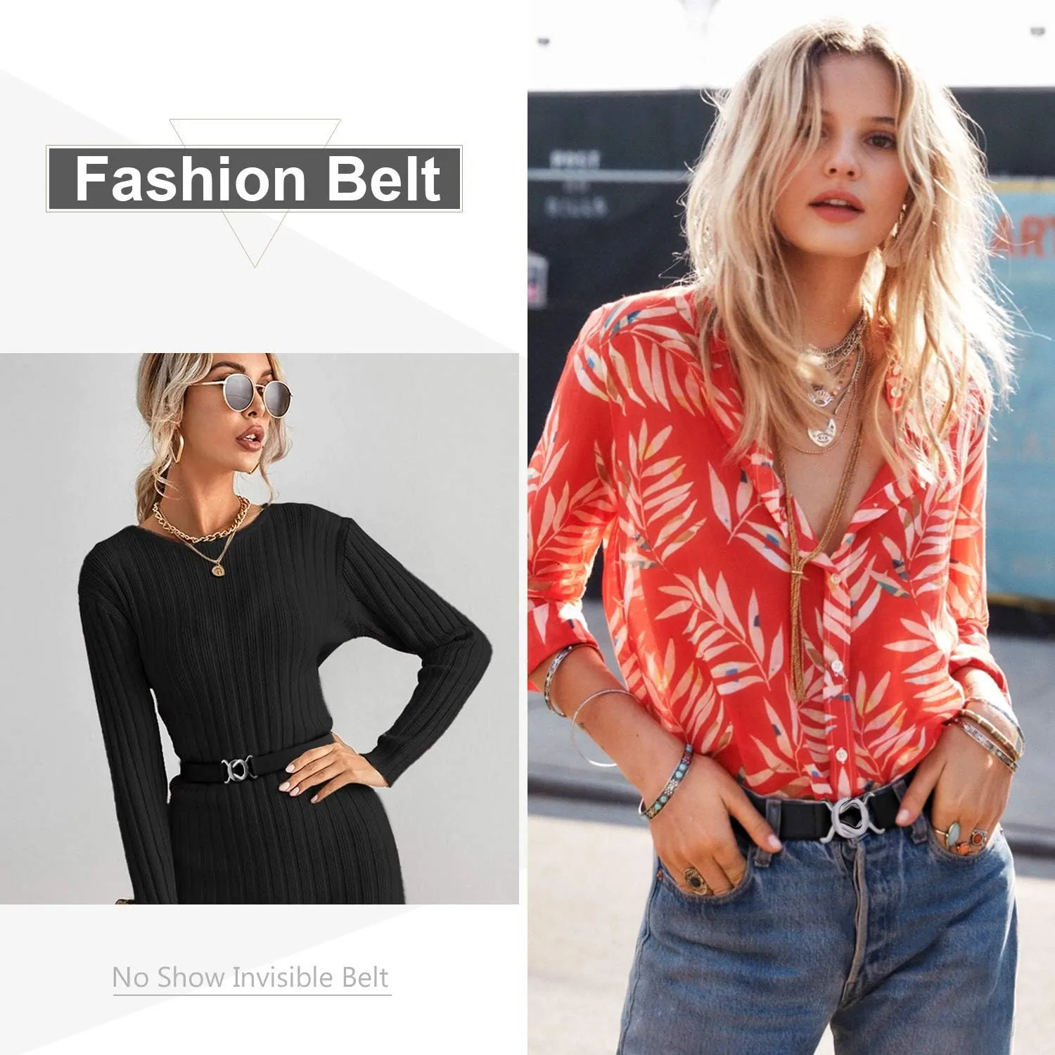 JASGOOD Women No Show Stretch Belt Adjustable Elastic Web Belt with Flat Buckle for Jeans Pants Casual Belts