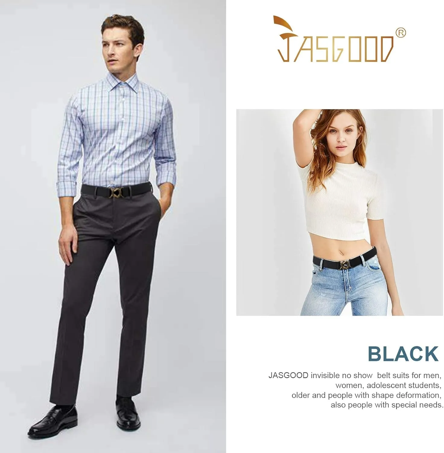 JASGOOD Women No Show Stretch Belt Adjustable Elastic Web Belt with Flat Buckle for Jeans Pants Casual Belts