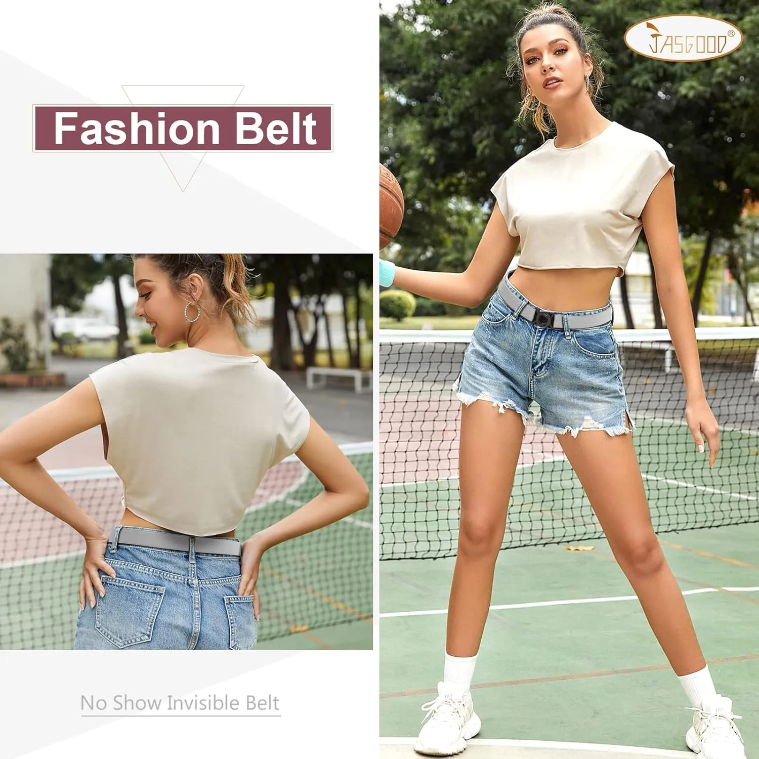 JASGOOD Women No Show Stretch Belt Adjustable Elastic Web Belt with Flat Buckle for Jeans Pants Casual Belts