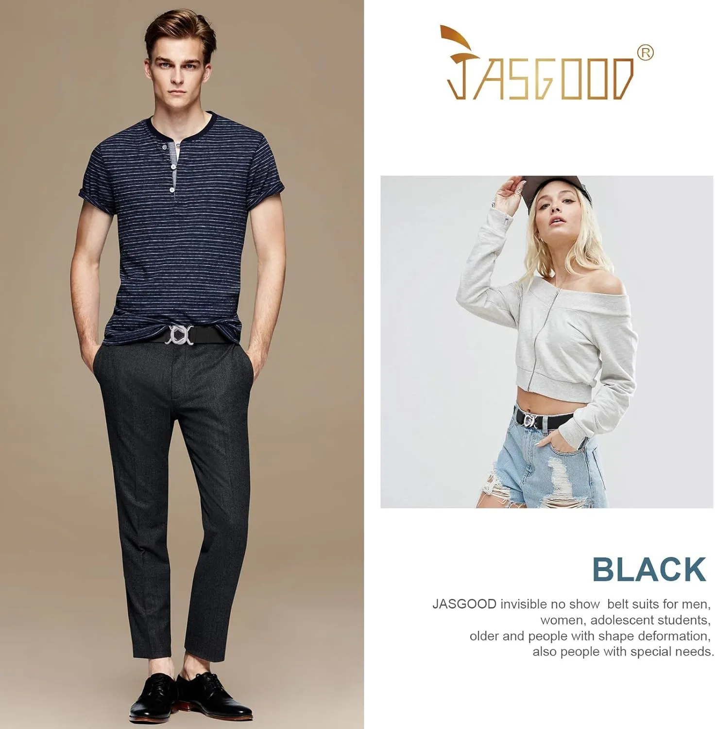 JASGOOD Women No Show Stretch Belt Adjustable Elastic Web Belt with Flat Buckle for Jeans Pants Casual Belts