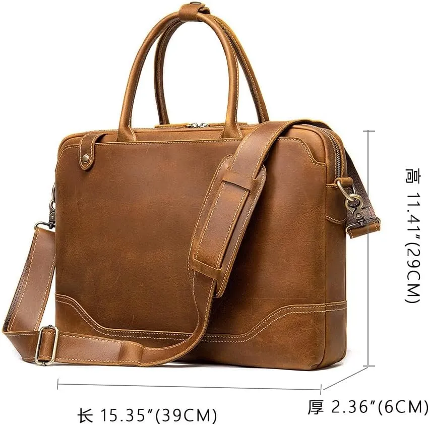 JSEIAJB Crazy Horse Leather Briefcase Laptop Bag Vintage Top Layer Cowhide Crossbody Shoulder Bag