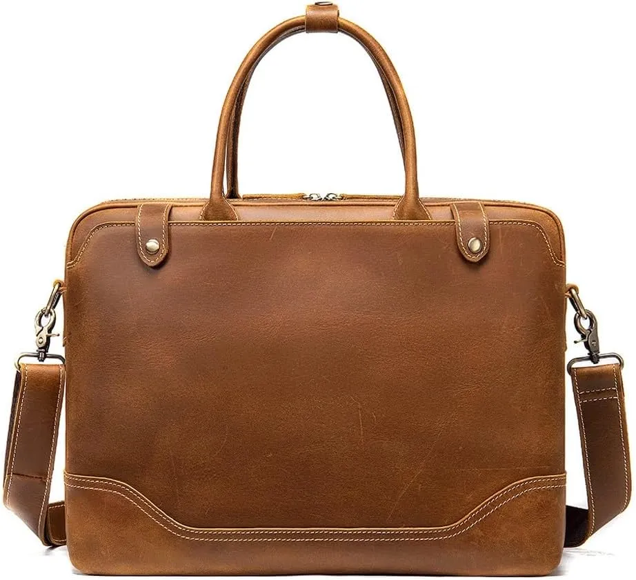 JSEIAJB Crazy Horse Leather Briefcase Laptop Bag Vintage Top Layer Cowhide Crossbody Shoulder Bag