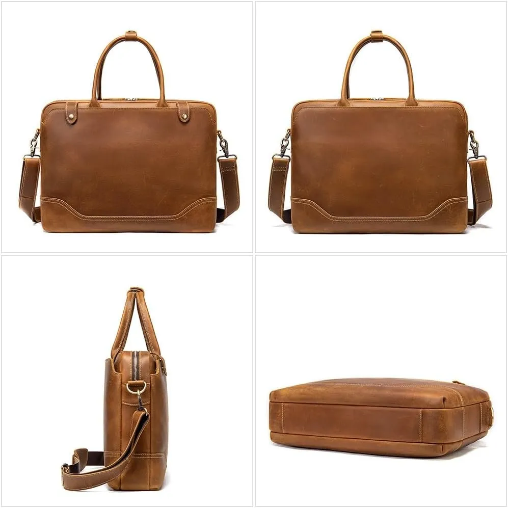 JSEIAJB Crazy Horse Leather Briefcase Laptop Bag Vintage Top Layer Cowhide Crossbody Shoulder Bag