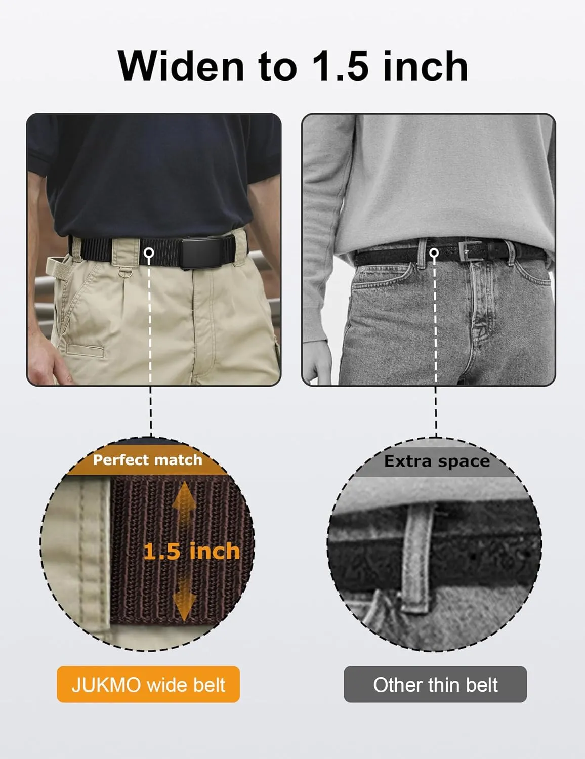 JUKMO Men's 1.5" Nylon Ratchet Belt, Casual Web Click Belt with Slide Buckle for Jeans, No Holes Adjustable Trim to Fit