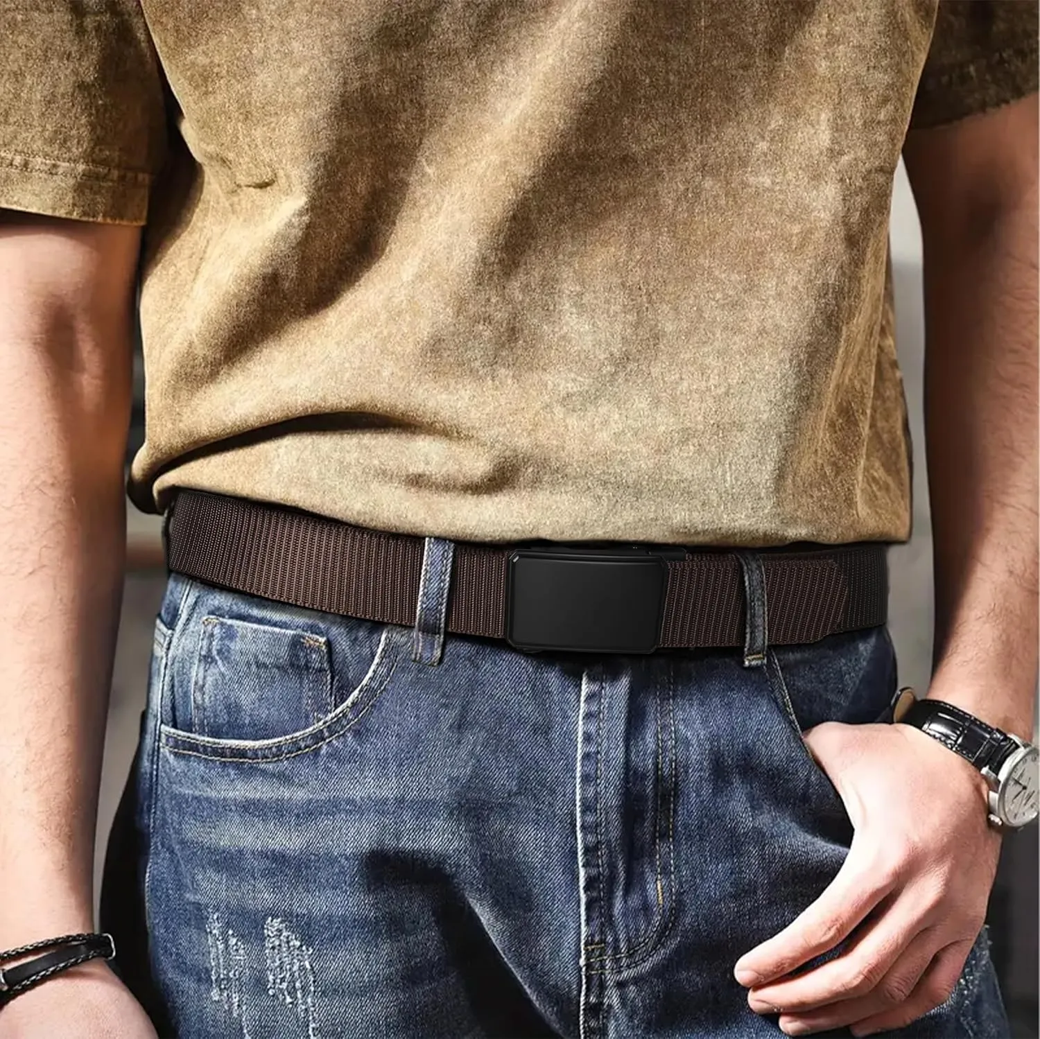 JUKMO Men's 1.5" Nylon Ratchet Belt, Casual Web Click Belt with Slide Buckle for Jeans, No Holes Adjustable Trim to Fit
