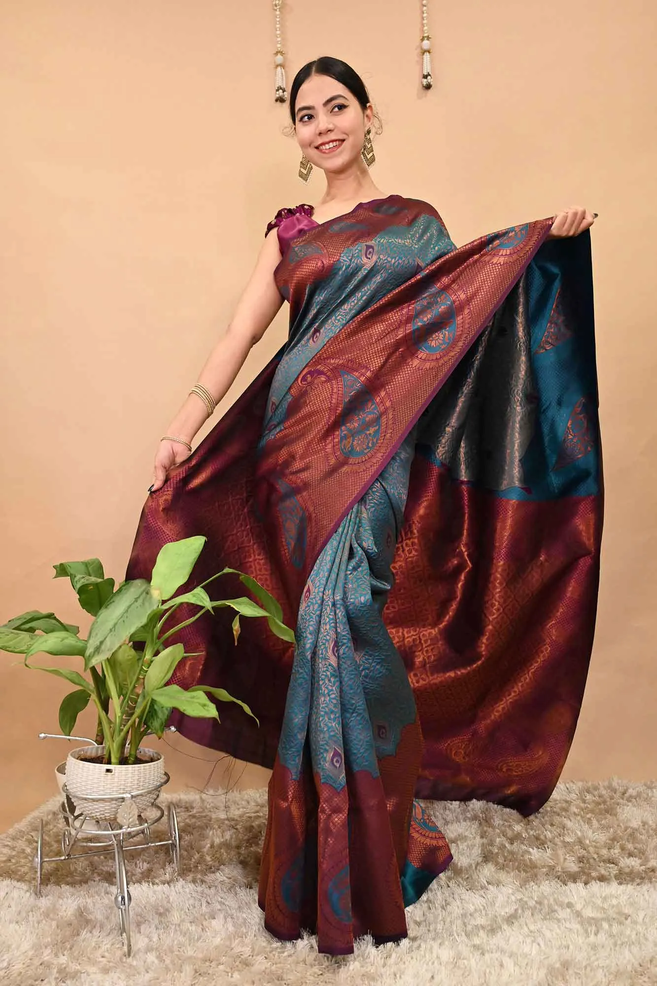 Kanchipuram Pattu meets Banarasi Brocade Teal Blue With Copper Zari Bordered Paisley Woven With Ornate Pallu Pre Drape Saree