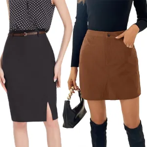 Kate Kasin Women Black Pencil Skirt with Belt & Brown Corduroy Mini Pencil Skirt Medium
