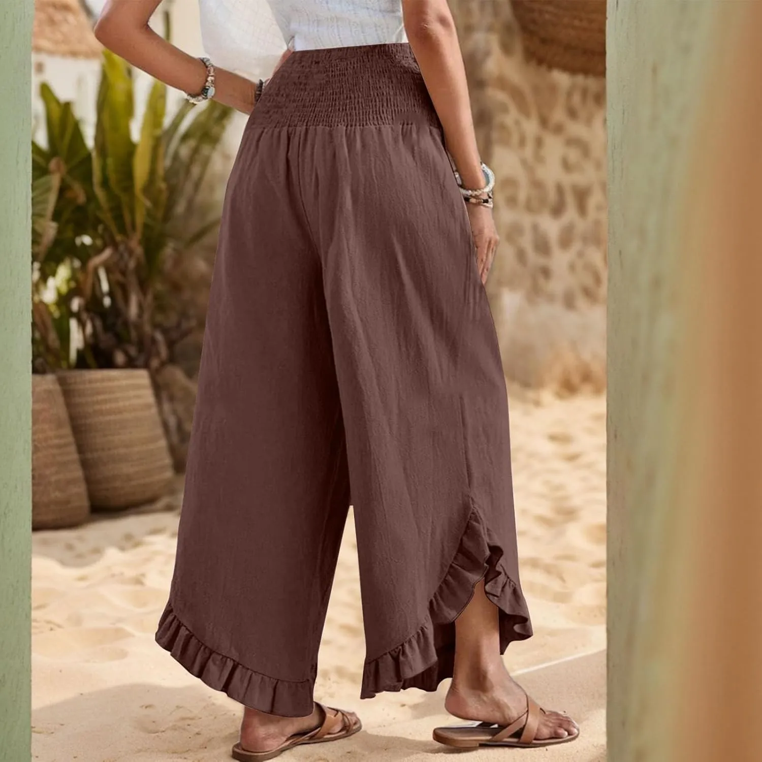 KIKX0DE Women's Wide Leg Linen Palazzo Pants Flowy Summer High Waisted Beach Casual Lightweight Trousers with Pockets