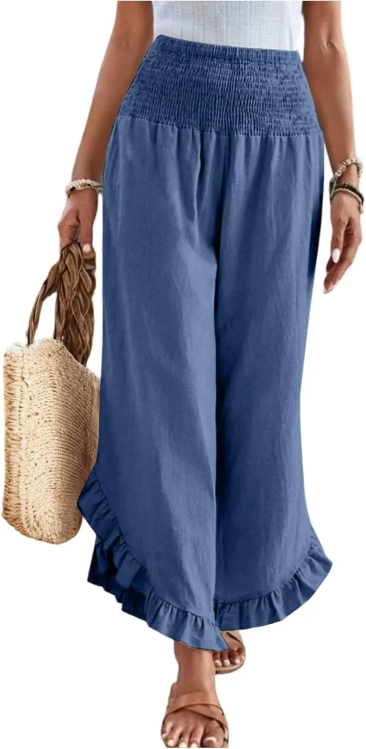 KIKX0DE Women's Wide Leg Linen Palazzo Pants Flowy Summer High Waisted Beach Casual Lightweight Trousers with Pockets