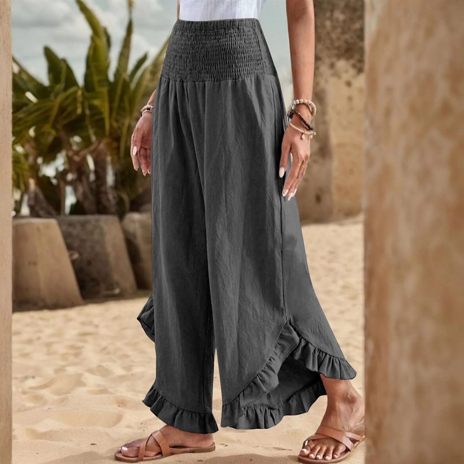 KIKX0DE Women's Wide Leg Linen Palazzo Pants Flowy Summer High Waisted Beach Casual Lightweight Trousers with Pockets
