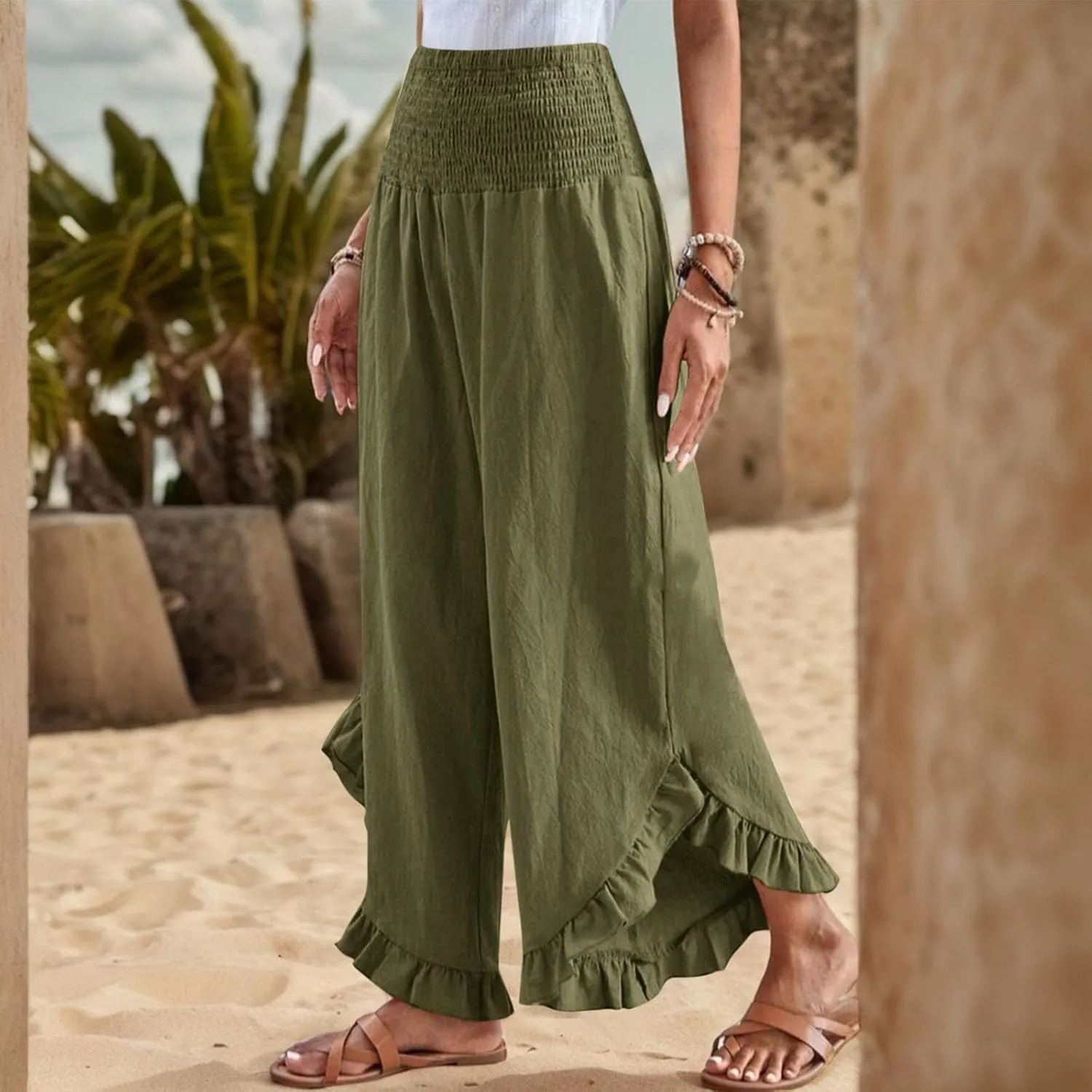 KIKX0DE Women's Wide Leg Linen Palazzo Pants Flowy Summer High Waisted Beach Casual Lightweight Trousers with Pockets