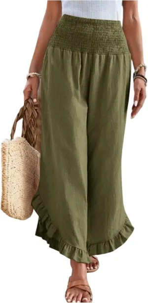 KIKX0DE Women's Wide Leg Linen Palazzo Pants Flowy Summer High Waisted Beach Casual Lightweight Trousers with Pockets
