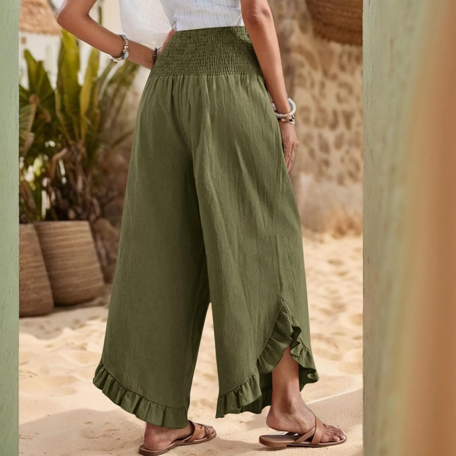 KIKX0DE Women's Wide Leg Linen Palazzo Pants Flowy Summer High Waisted Beach Casual Lightweight Trousers with Pockets