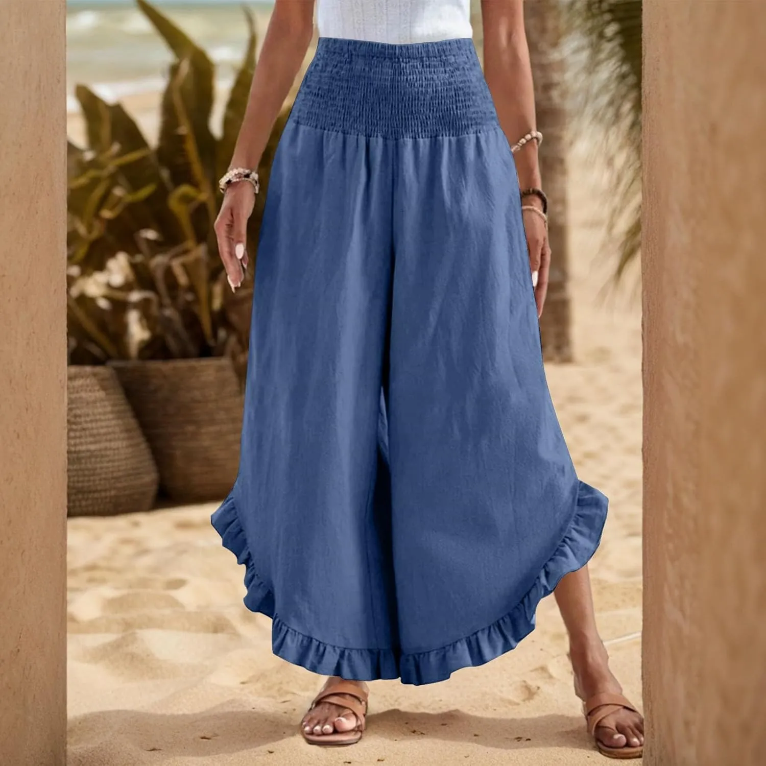 KIKX0DE Women's Wide Leg Linen Palazzo Pants Flowy Summer High Waisted Beach Casual Lightweight Trousers with Pockets