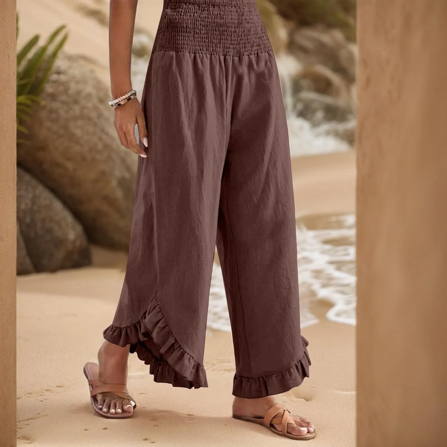 KIKX0DE Women's Wide Leg Linen Palazzo Pants Flowy Summer High Waisted Beach Casual Lightweight Trousers with Pockets
