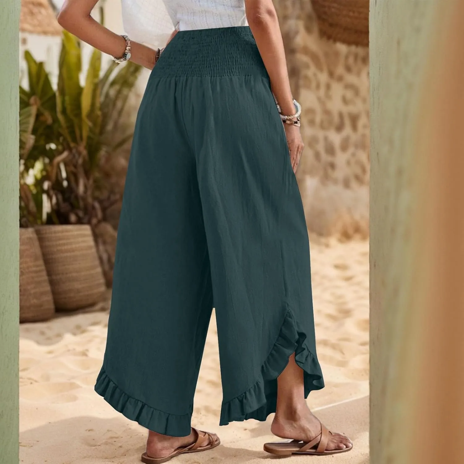 KIKX0DE Women's Wide Leg Linen Palazzo Pants Flowy Summer High Waisted Beach Casual Lightweight Trousers with Pockets