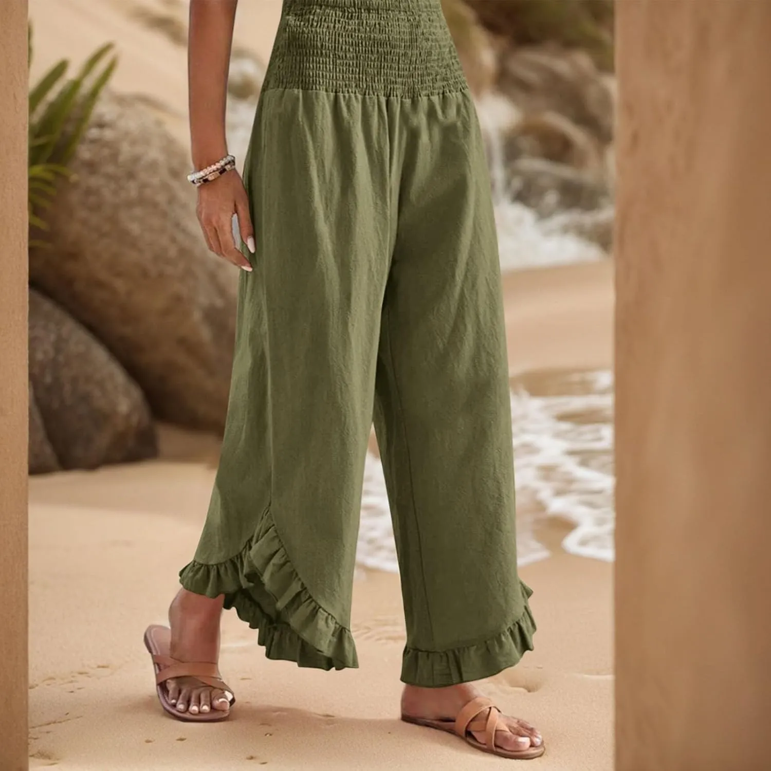 KIKX0DE Women's Wide Leg Linen Palazzo Pants Flowy Summer High Waisted Beach Casual Lightweight Trousers with Pockets
