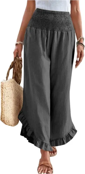 KIKX0DE Women's Wide Leg Linen Palazzo Pants Flowy Summer High Waisted Beach Casual Lightweight Trousers with Pockets