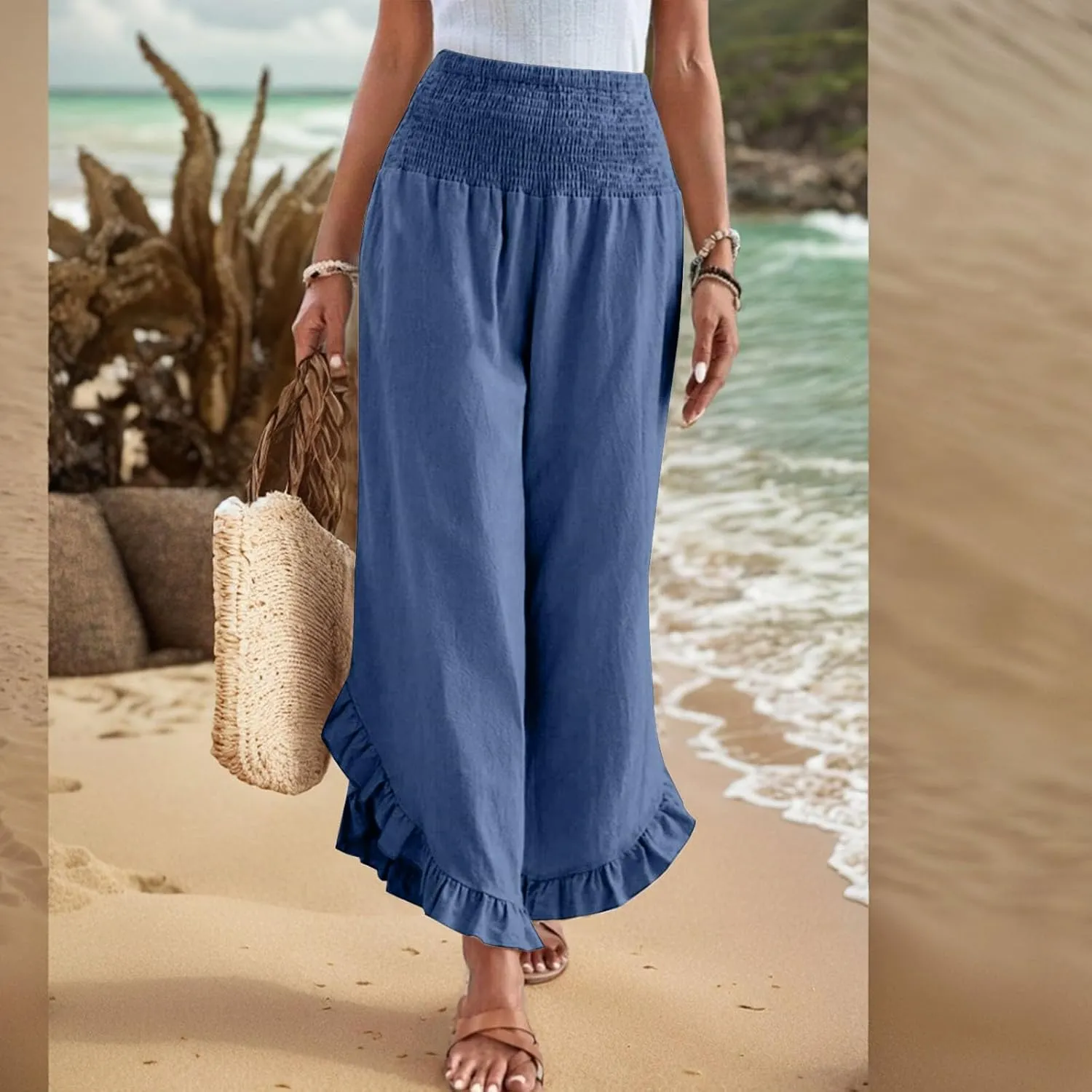 KIKX0DE Women's Wide Leg Linen Palazzo Pants Flowy Summer High Waisted Beach Casual Lightweight Trousers with Pockets