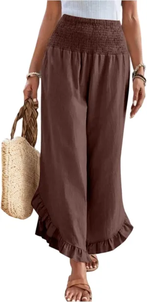 KIKX0DE Women's Wide Leg Linen Palazzo Pants Flowy Summer High Waisted Beach Casual Lightweight Trousers with Pockets