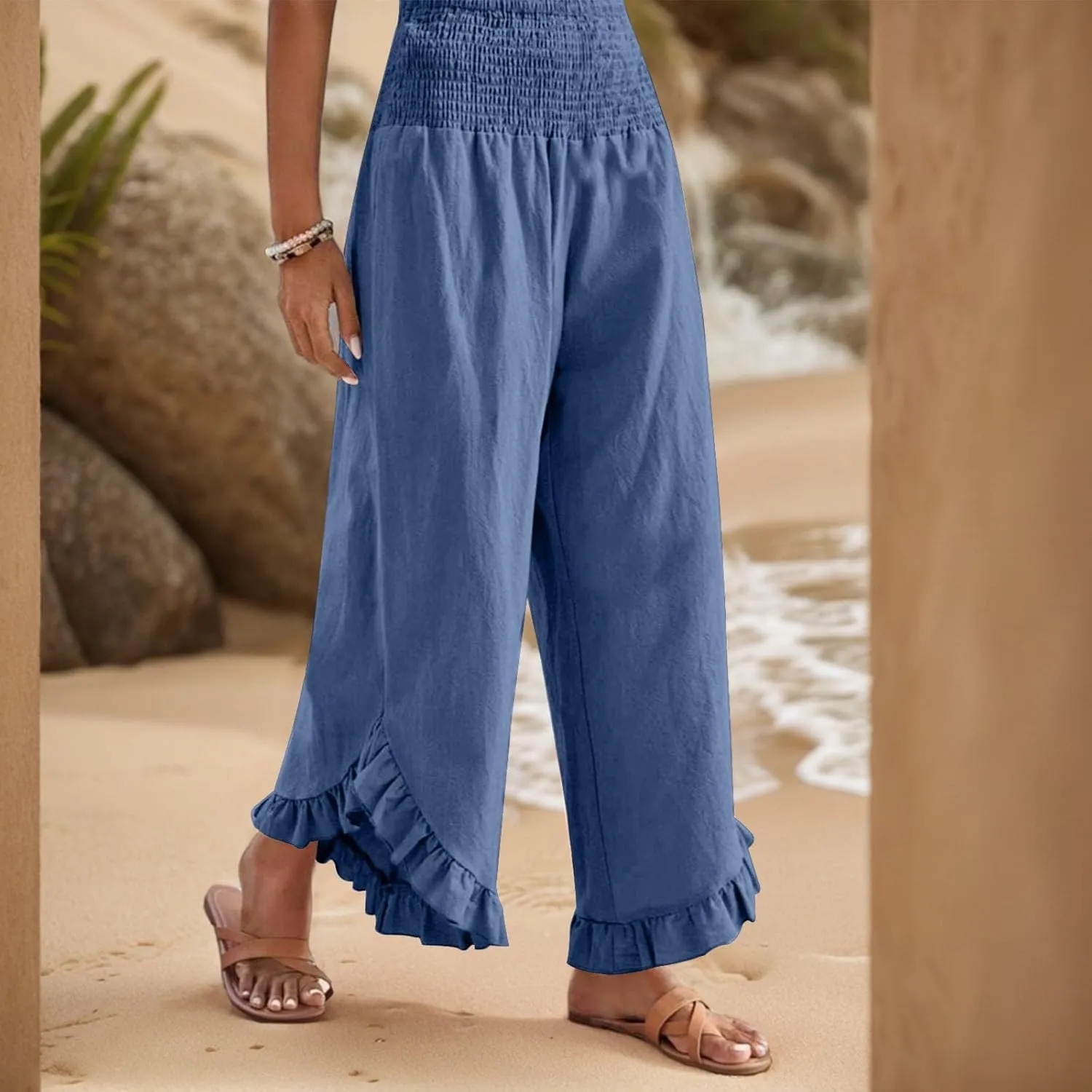 KIKX0DE Women's Wide Leg Linen Palazzo Pants Flowy Summer High Waisted Beach Casual Lightweight Trousers with Pockets