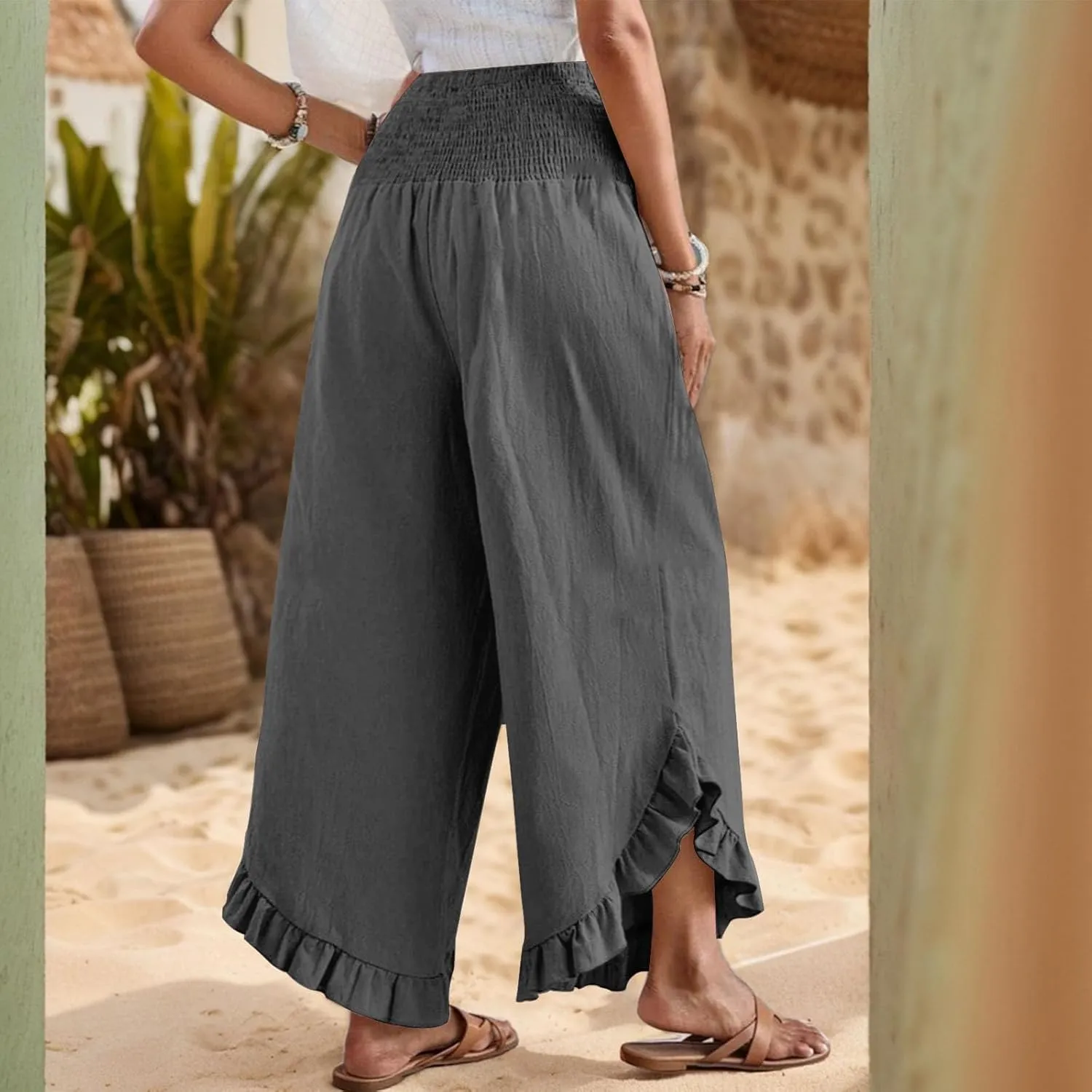 KIKX0DE Women's Wide Leg Linen Palazzo Pants Flowy Summer High Waisted Beach Casual Lightweight Trousers with Pockets
