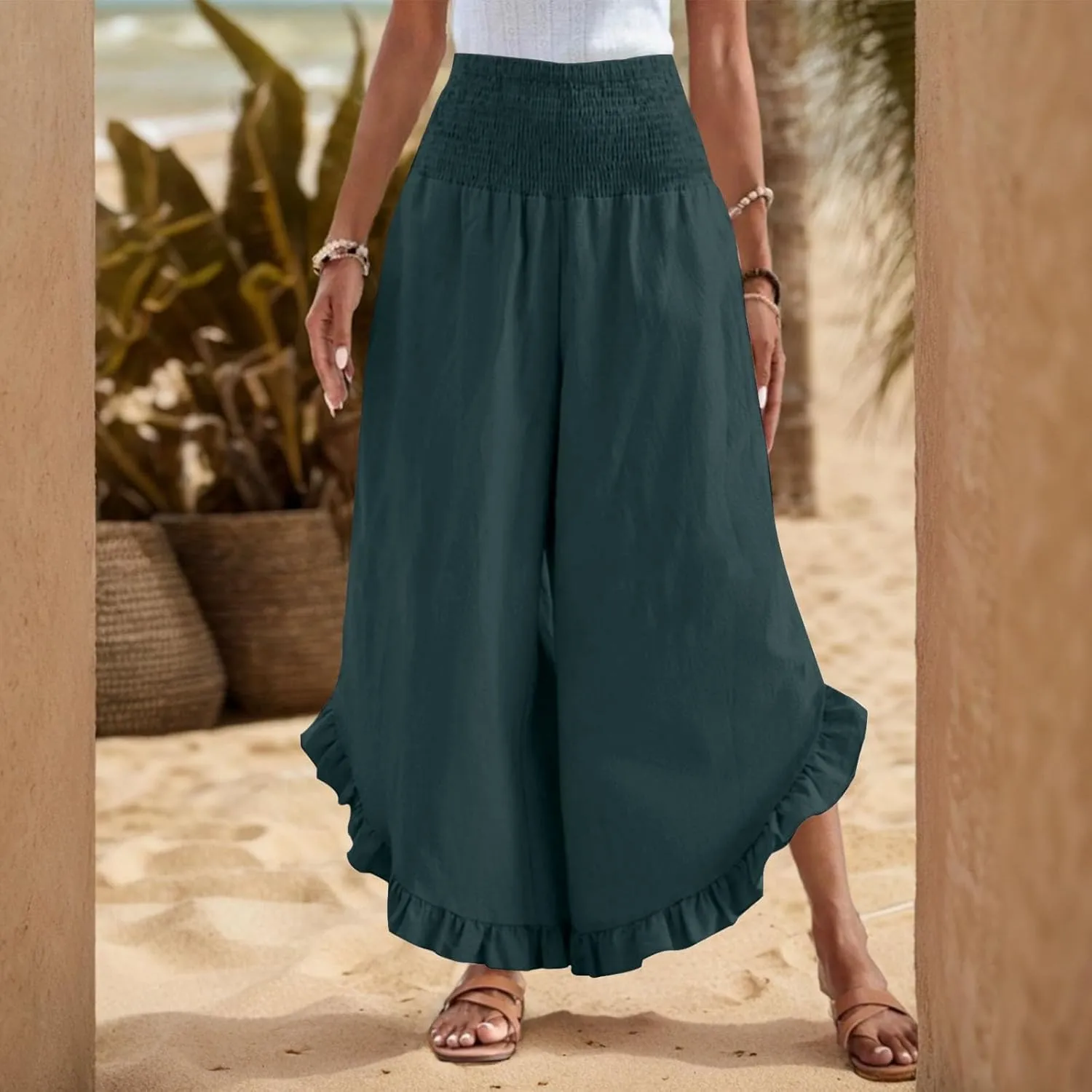 KIKX0DE Women's Wide Leg Linen Palazzo Pants Flowy Summer High Waisted Beach Casual Lightweight Trousers with Pockets