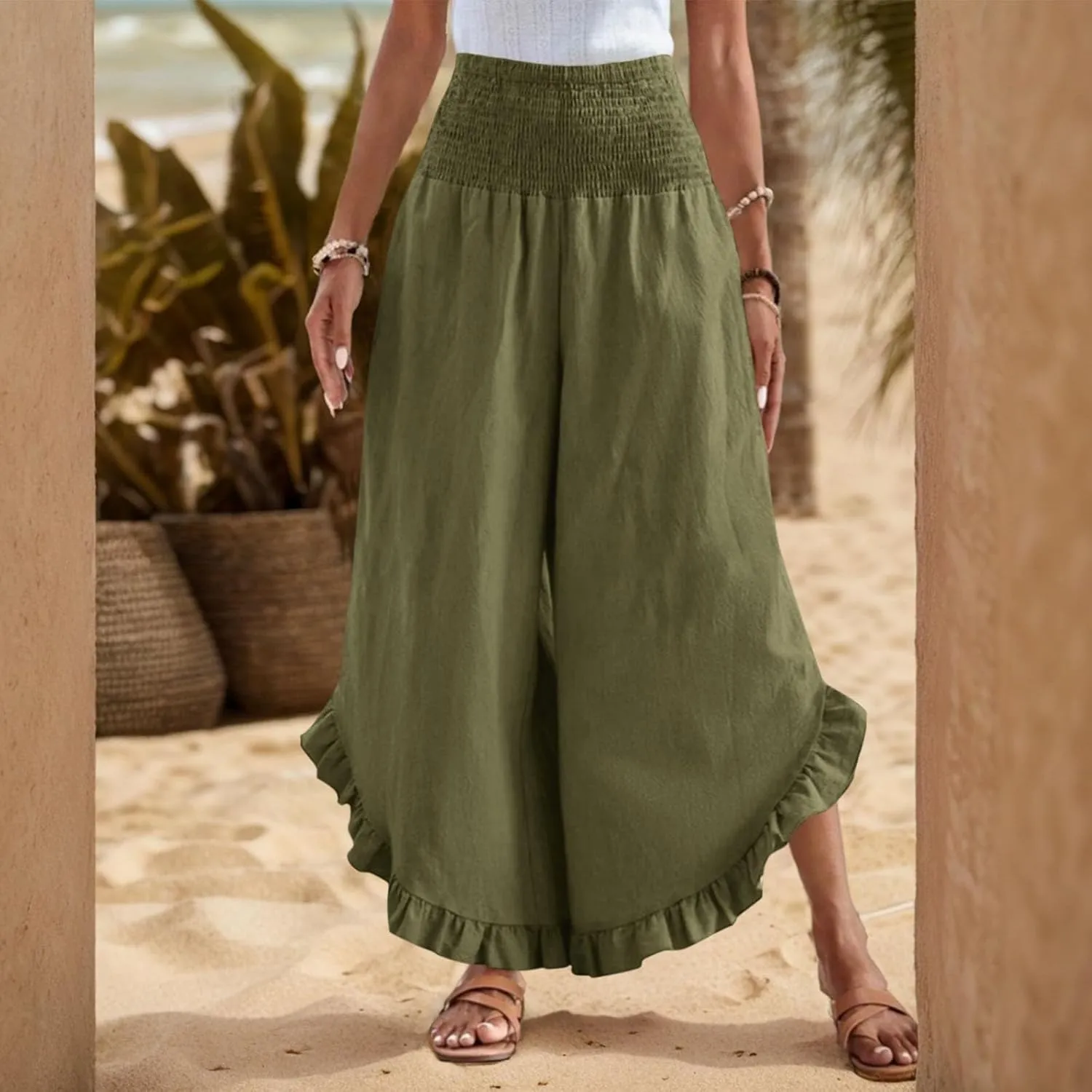 KIKX0DE Women's Wide Leg Linen Palazzo Pants Flowy Summer High Waisted Beach Casual Lightweight Trousers with Pockets