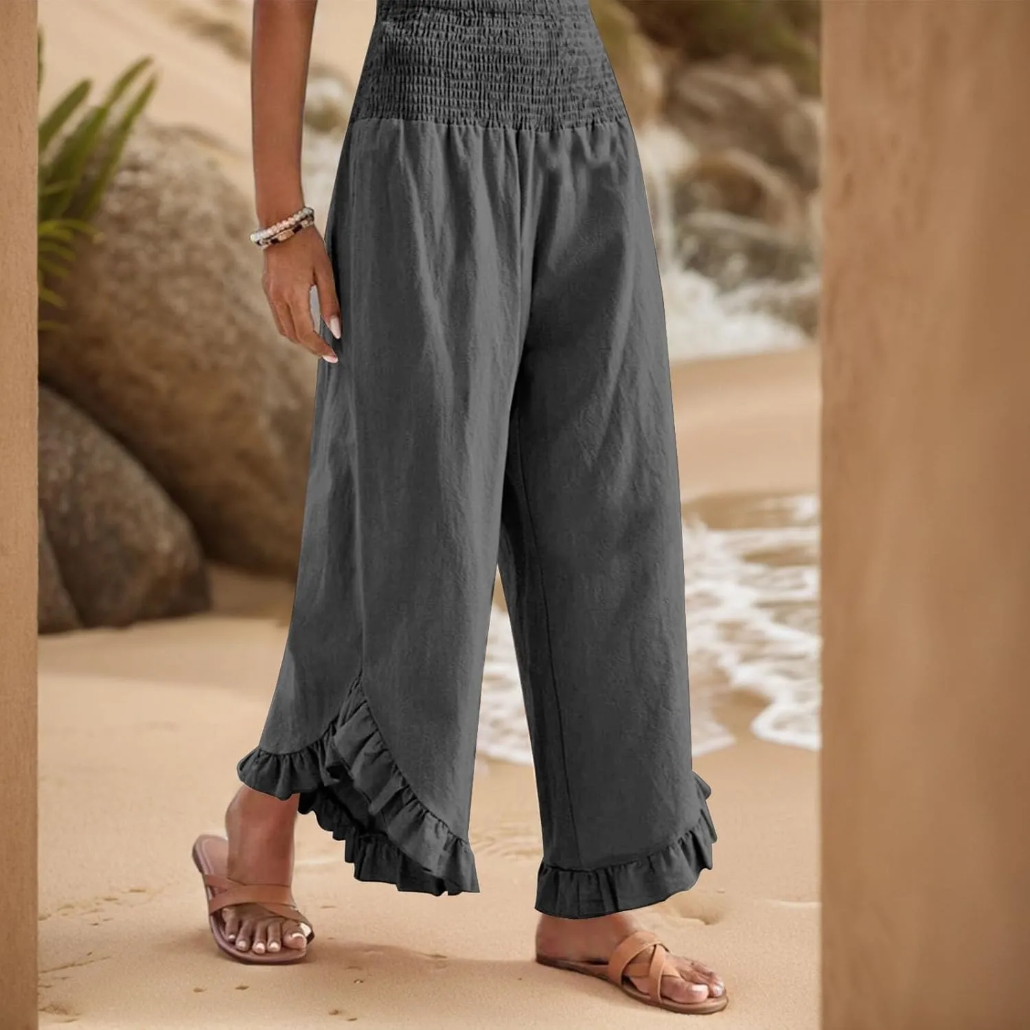 KIKX0DE Women's Wide Leg Linen Palazzo Pants Flowy Summer High Waisted Beach Casual Lightweight Trousers with Pockets
