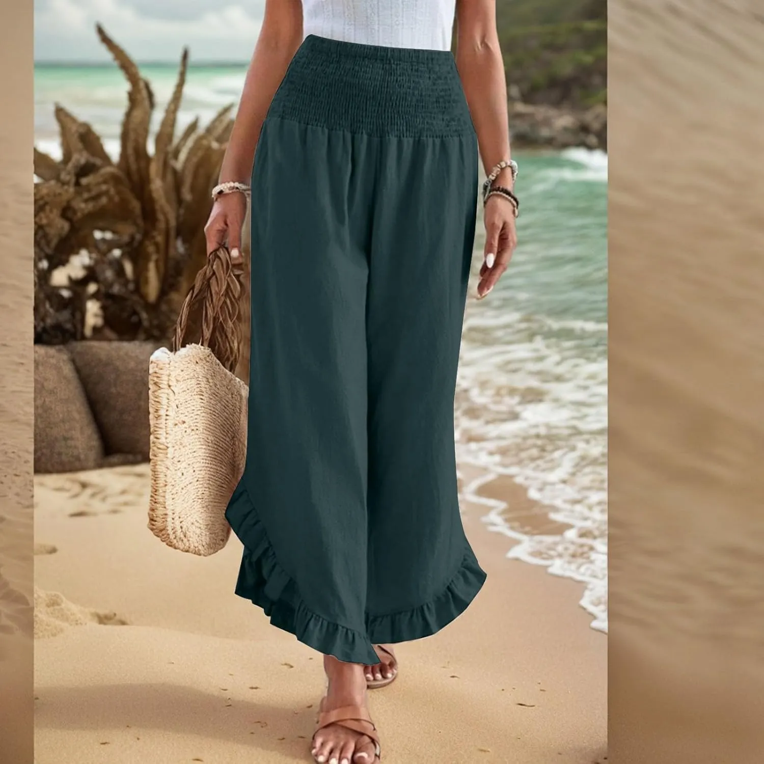 KIKX0DE Women's Wide Leg Linen Palazzo Pants Flowy Summer High Waisted Beach Casual Lightweight Trousers with Pockets