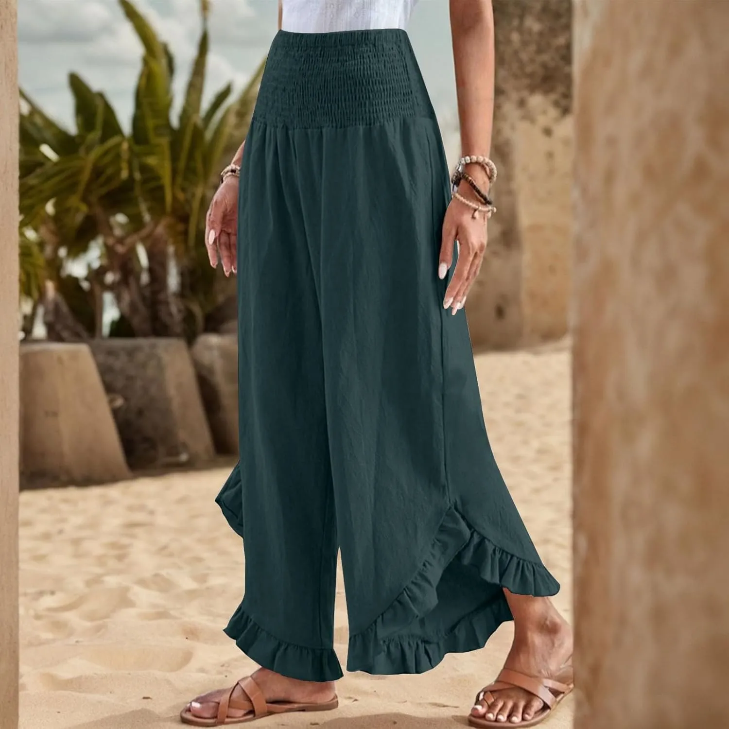 KIKX0DE Women's Wide Leg Linen Palazzo Pants Flowy Summer High Waisted Beach Casual Lightweight Trousers with Pockets