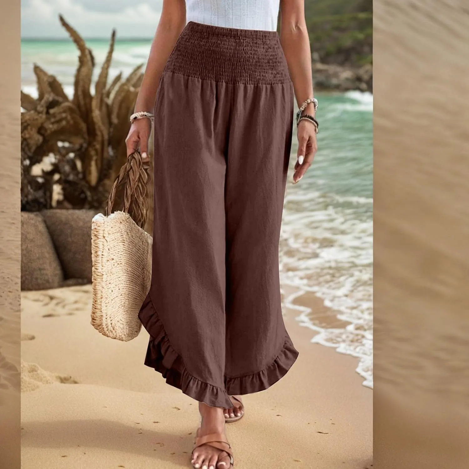 KIKX0DE Women's Wide Leg Linen Palazzo Pants Flowy Summer High Waisted Beach Casual Lightweight Trousers with Pockets