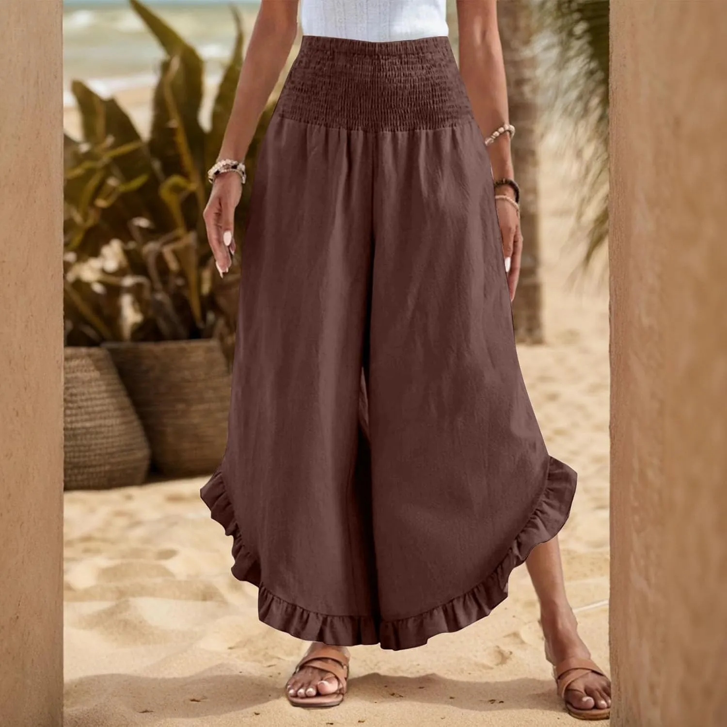 KIKX0DE Women's Wide Leg Linen Palazzo Pants Flowy Summer High Waisted Beach Casual Lightweight Trousers with Pockets