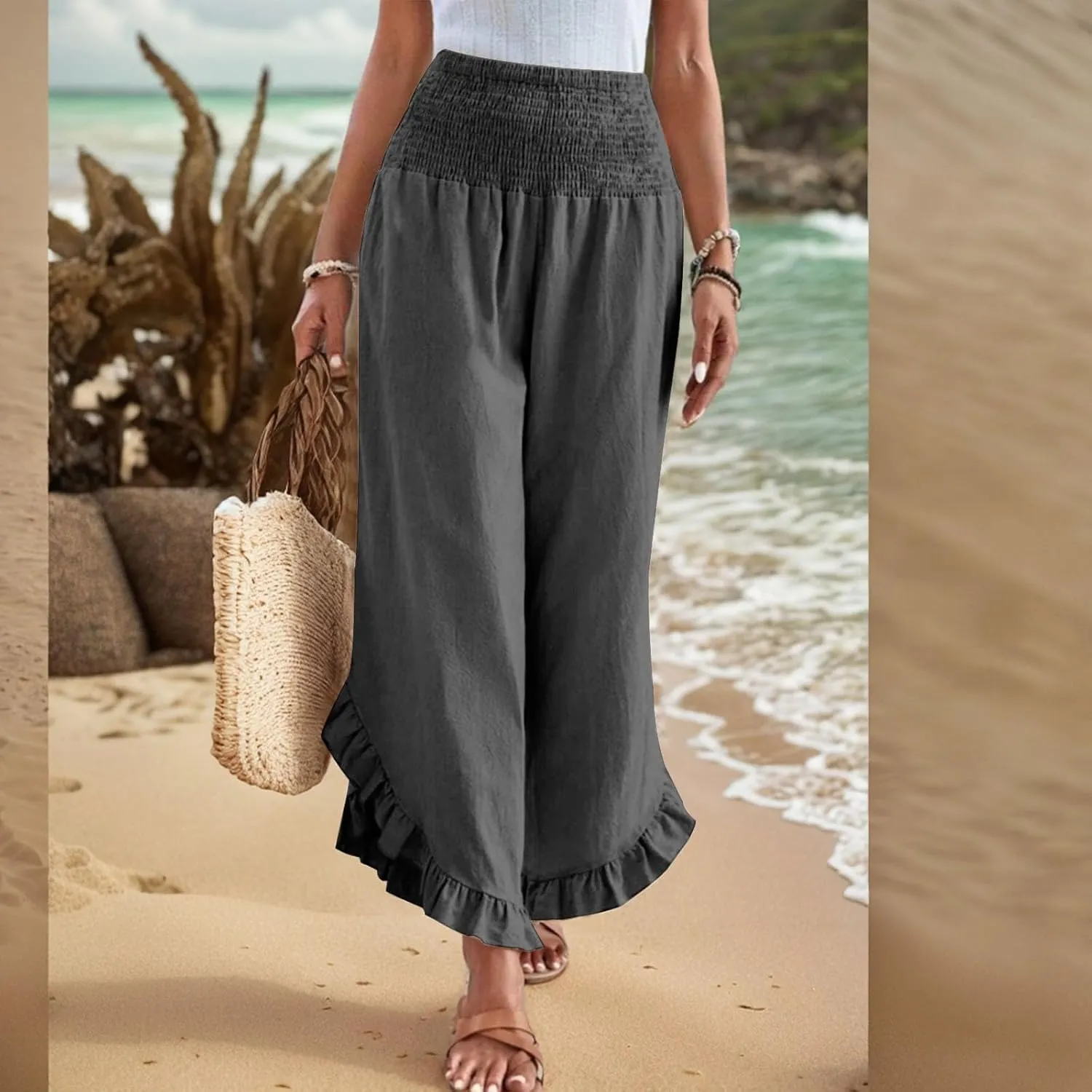 KIKX0DE Women's Wide Leg Linen Palazzo Pants Flowy Summer High Waisted Beach Casual Lightweight Trousers with Pockets