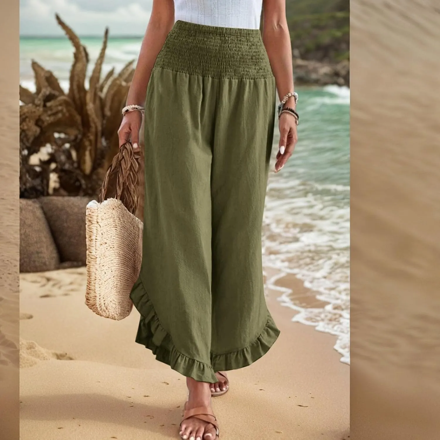 KIKX0DE Women's Wide Leg Linen Palazzo Pants Flowy Summer High Waisted Beach Casual Lightweight Trousers with Pockets