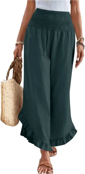 KIKX0DE Women's Wide Leg Linen Palazzo Pants Flowy Summer High Waisted Beach Casual Lightweight Trousers with Pockets
