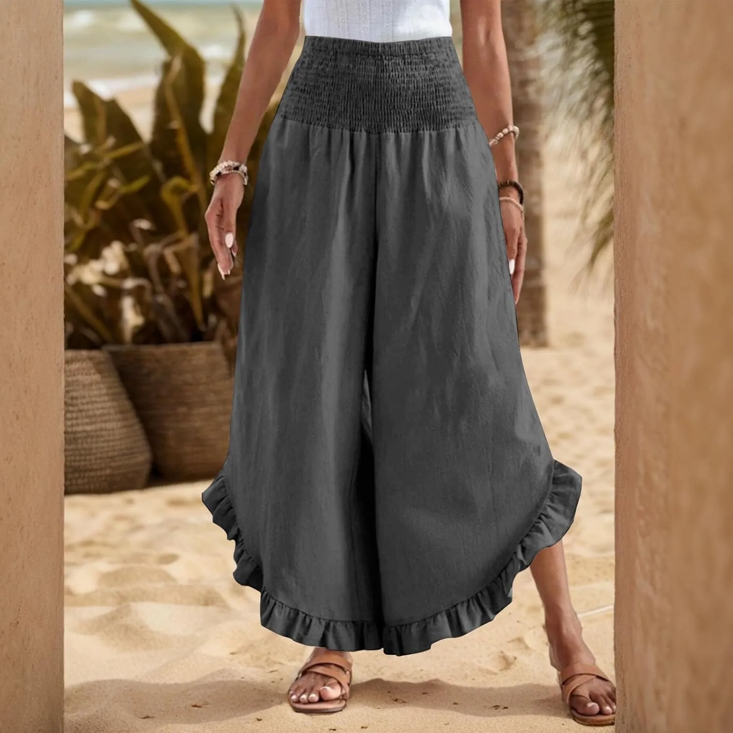 KIKX0DE Women's Wide Leg Linen Palazzo Pants Flowy Summer High Waisted Beach Casual Lightweight Trousers with Pockets